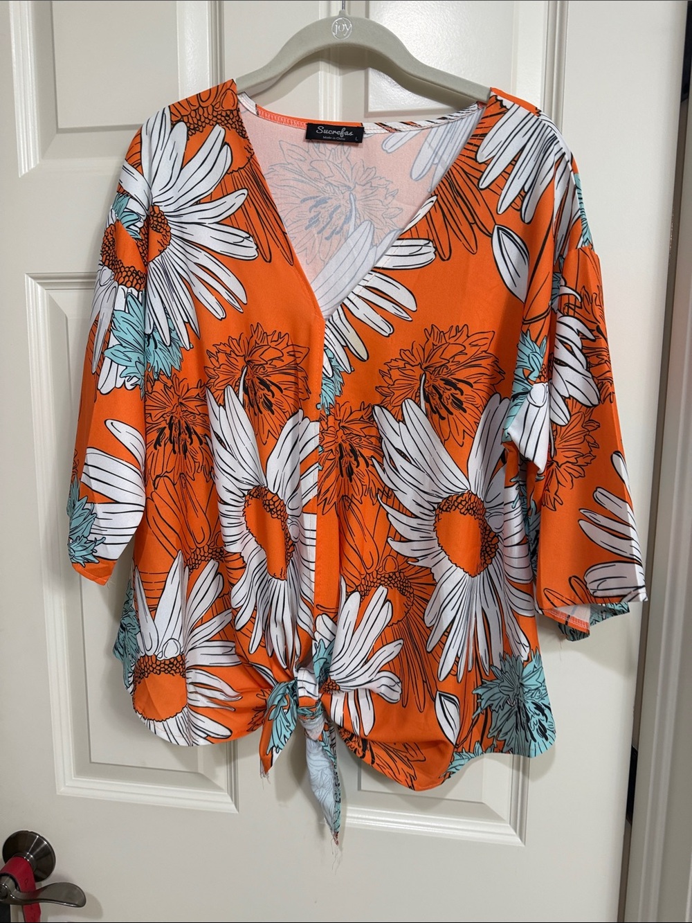 Susan Graver Bright Orange Floral Tie-Front V-Neck Tunic